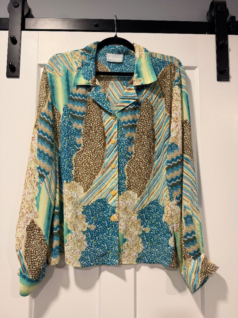 Vintage Swann Multicolor Retro-Patterned Geometric Polyester Blouse Size 16